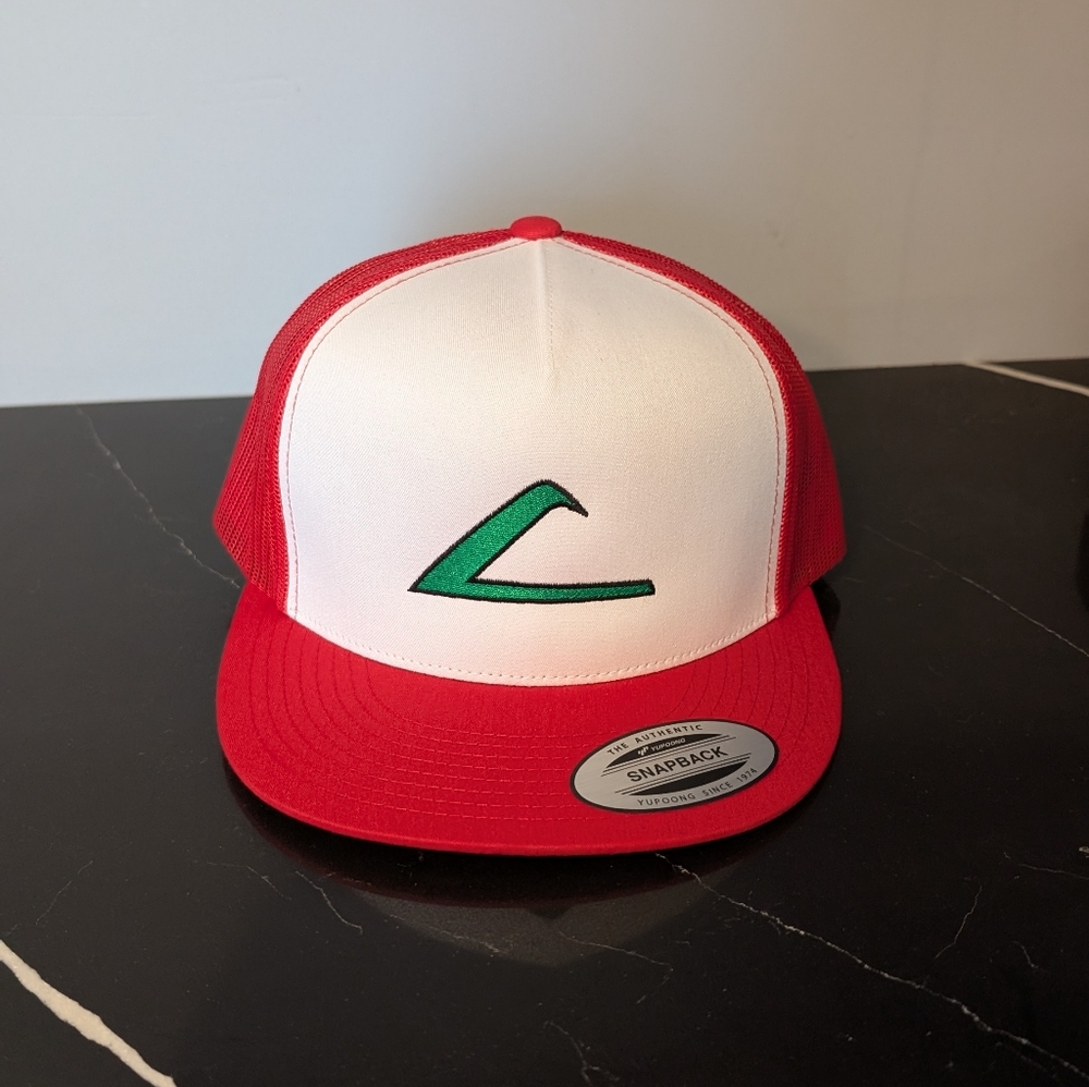 Red and White Snapback Hat with Green Logo
